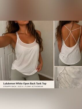 Lululemon White Open Back Tank Top | Strappy Back | Size 6 | Flowy Activewear